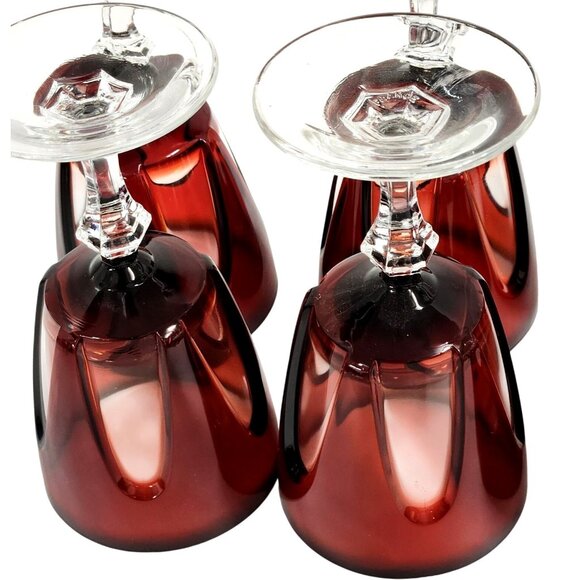 Cristal DArques-Durand Gothic Ruby Red Wine Glasses Cut Clear Stem Lot Of 6 - Picture 6 of 13